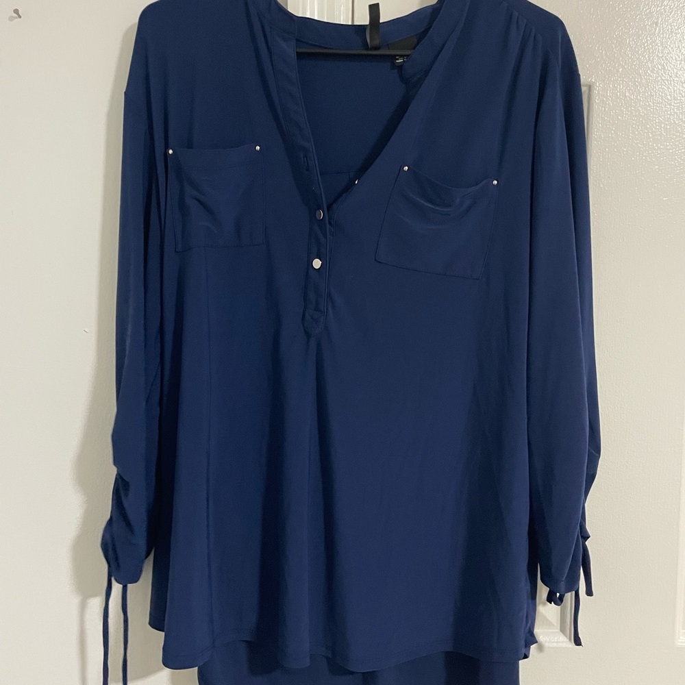 New Directions Navy Blouse with Button Detail